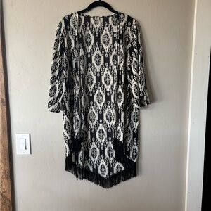 Black and White Patterned Kimono with Fringe